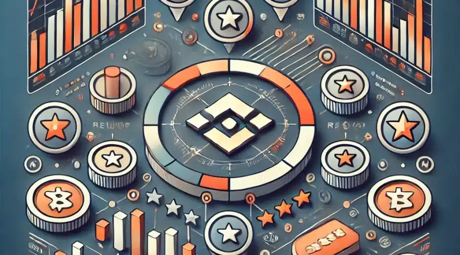 Illustration representing a guide and review for Binance Exchange, featuring charts, trading tools, and review symbols