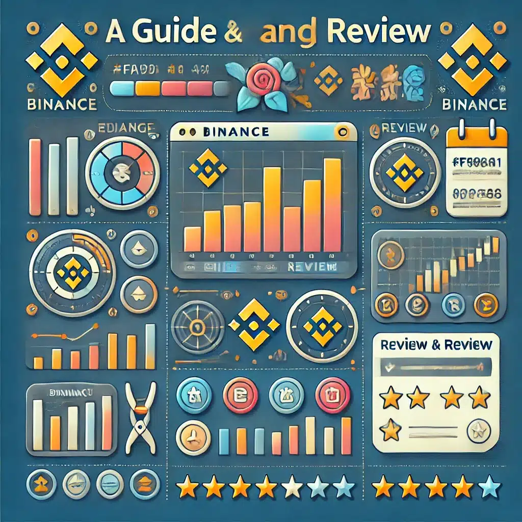 Educational image illustrating a guide and review for Binance Exchange, featuring charts, user interface tools, and review elements