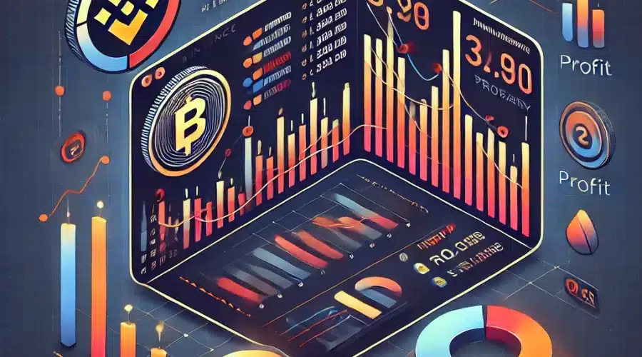 Illustration of Binance's most profitable trades in January, showcasing charts, profit indicators, and successful trade highlights in orange, rose, dark blue, and midnight blue tones.