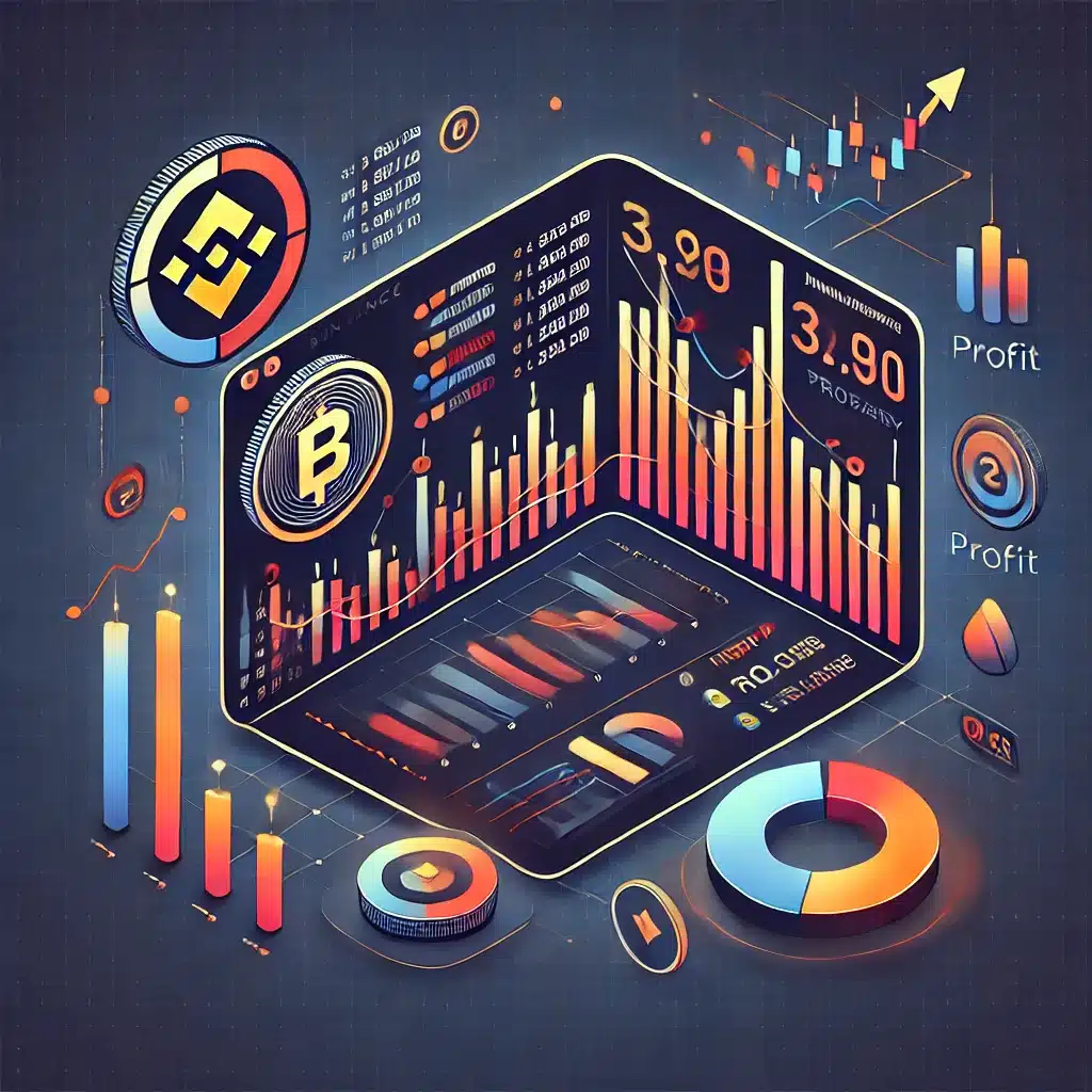 Illustration of Binance's most profitable trades in January, showcasing charts, profit indicators, and successful trade highlights in orange, rose, dark blue, and midnight blue tones.