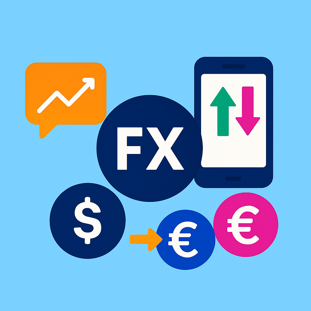 Illustration of Forex trading symbols including FX icon, dollar and euro currency symbols, a smartphone with trading arrows, and an upward graph speech bubble on a blue background