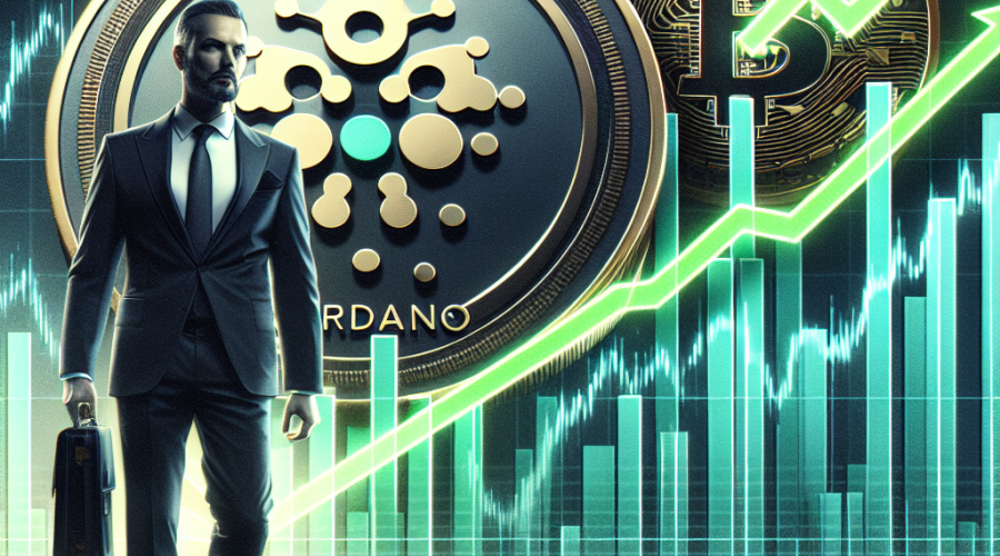 "Cardano and Bitcoin coins showcased against rising digital chart, denoting increased market cap value, alongside picture of Donald Trump, a contributor to their value surge. Photorealistic depiction of cryptocurrency growth."