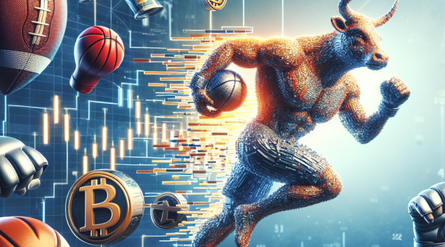 "XYZVerse's mascot dominating a photorealistic and whimsical digital landscape filled with diverse sports symbols, including football, basketball, and MMA, against a backdrop showcasing bullish market symbols, signifying its strong growth potential in the meme coin market."