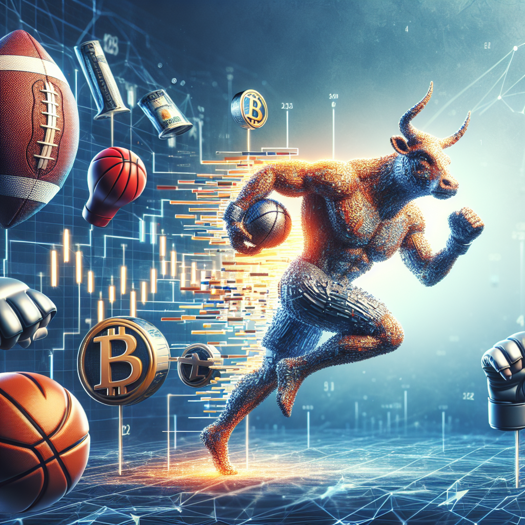 "XYZVerse's mascot dominating a photorealistic and whimsical digital landscape filled with diverse sports symbols, including football, basketball, and MMA, against a backdrop showcasing bullish market symbols, signifying its strong growth potential in the meme coin market."