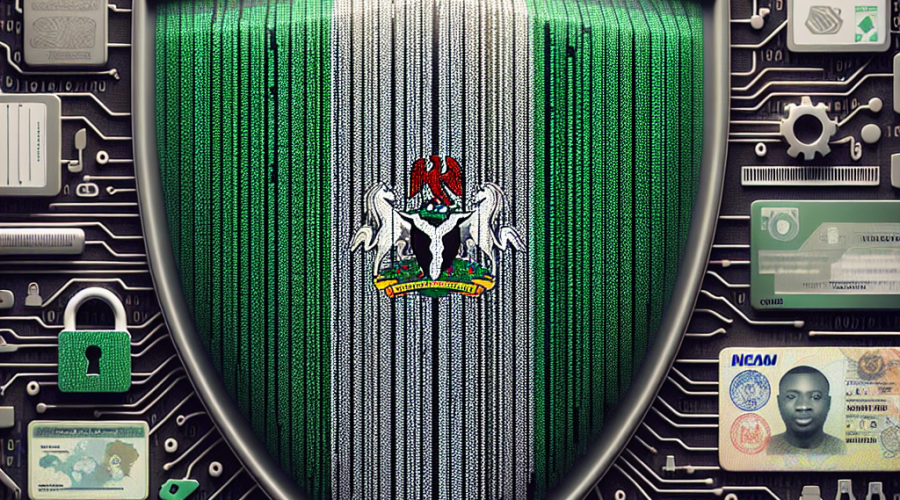 "Close-up of a Nigerian flag over binary codes revealing a data protection shield breaking, hinting at a potential data leak, with blurred ID documents as the backdrop. Cloud storage symbol from AWS reflects data storage, and Bitnob crypto exchange logo at the bottom, indicating possible cyber-security concerns in the cryptocurrency sector."