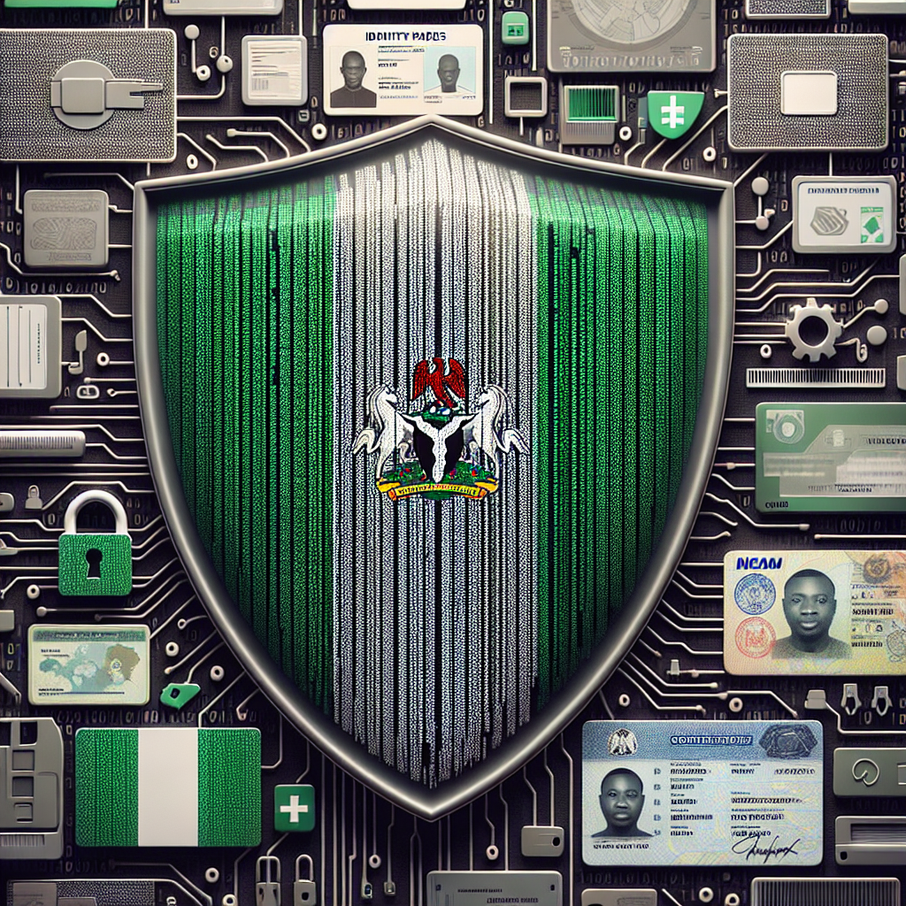 "Close-up of a Nigerian flag over binary codes revealing a data protection shield breaking, hinting at a potential data leak, with blurred ID documents as the backdrop. Cloud storage symbol from AWS reflects data storage, and Bitnob crypto exchange logo at the bottom, indicating possible cyber-security concerns in the cryptocurrency sector."