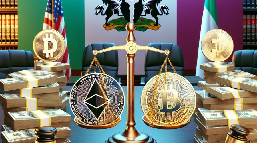 "Nigerian Federal High Court imposes fines on two cryptocurrency firms for illicit USDT to Naira transactions, illustrated by stacks of US dollar and Naira bills, Tether (USDT) crypto coin symbols, digital scales symbolising justice and the flag of Nigeria in the background."