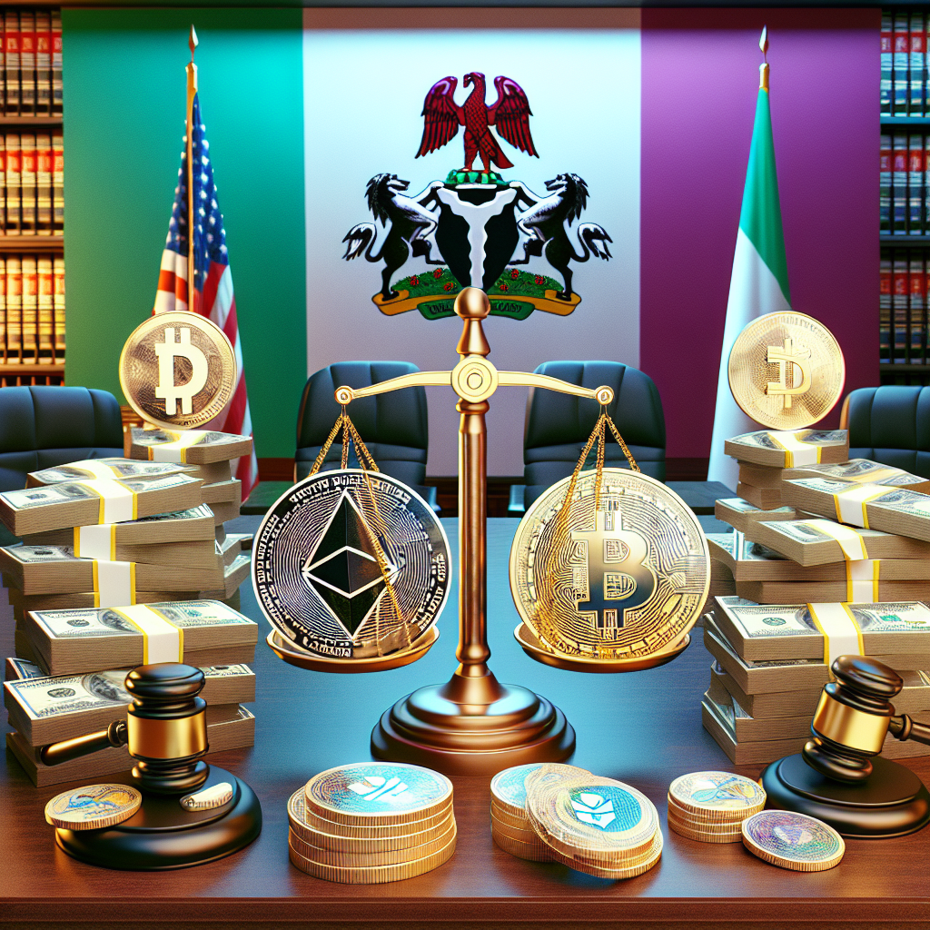 "Nigerian Federal High Court imposes fines on two cryptocurrency firms for illicit USDT to Naira transactions, illustrated by stacks of US dollar and Naira bills, Tether (USDT) crypto coin symbols, digital scales symbolising justice and the flag of Nigeria in the background."