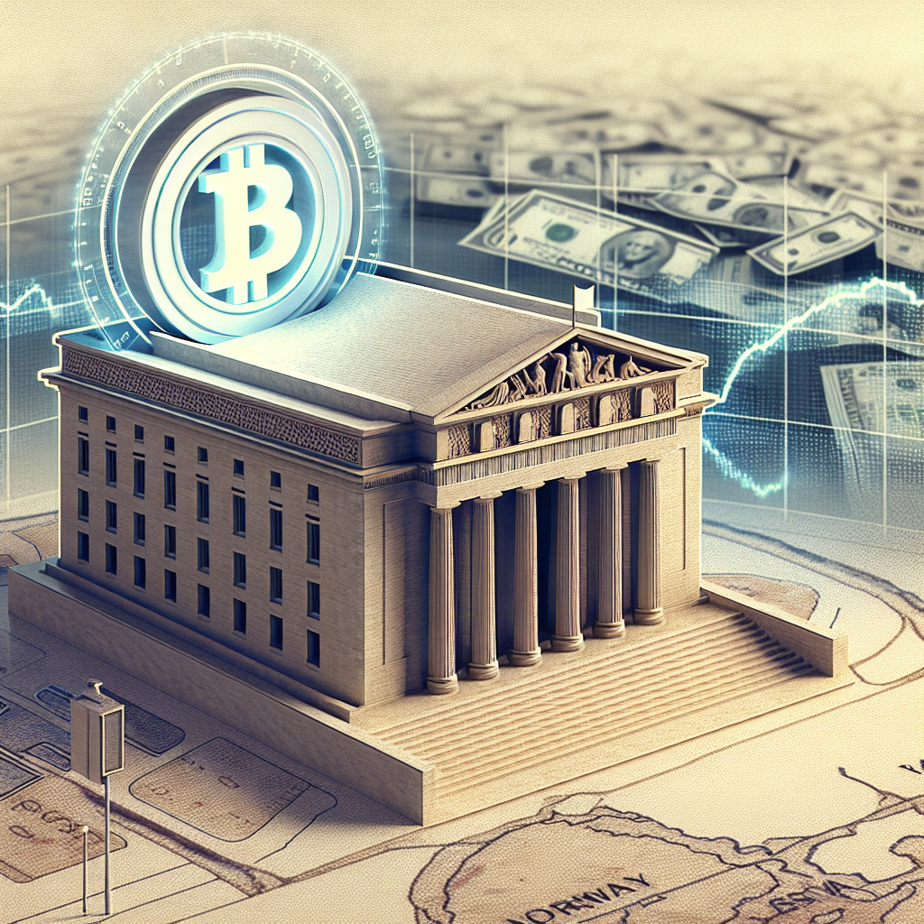 "Digital illustration of Norway's Central Bank holding a digital currency symbol, with a faded image of physical cash and map of Europe as a background, representing the country's progression towards digital currency development for enhanced SEO."