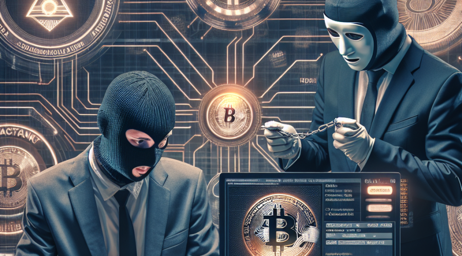 "Two-masked-men-conversing-over-computer-illustrating-deception-and-hacking-in-cryptocurrency-world-features-like-Bitcoin-symbol-serious-online-presence-and-fraudulent-scheme-signs-of-law-regulation-and-police-denoting-involvement-of-Financial-Conduct-Authority-Image-size-1200x628px"