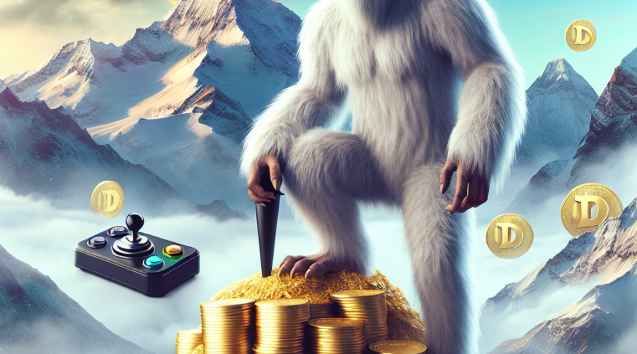 "Yeti character gaming on a mountain of gold coins, holding a joystick, under a sky filled with floating $250k dollar bills. Subtle engraving of Dogecoin and Shiba Inu logos on background mountains, highlighting the concept of digital cryptocurrency and gaming synergy."