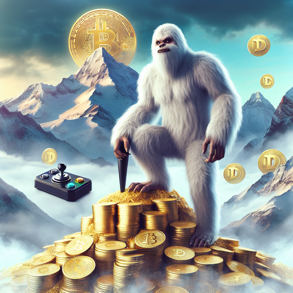 "Yeti character gaming on a mountain of gold coins, holding a joystick, under a sky filled with floating $250k dollar bills. Subtle engraving of Dogecoin and Shiba Inu logos on background mountains, highlighting the concept of digital cryptocurrency and gaming synergy."