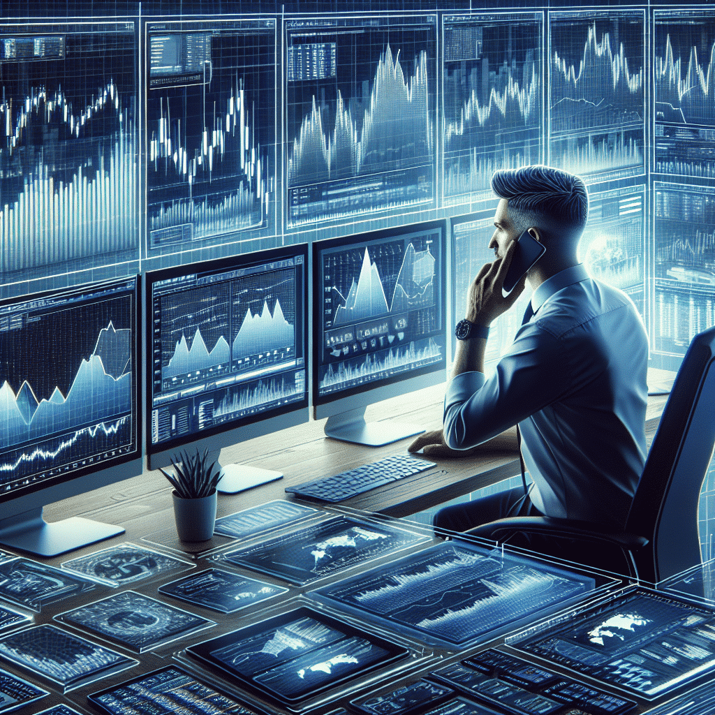 A trader using free day trading signals with financial charts on screens in a modern trading setup.