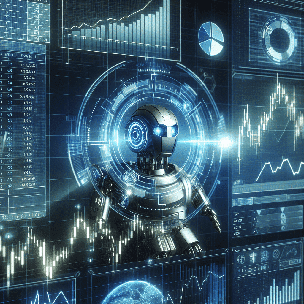 Crypto signals trading bot interfacing with digital charts and market data in a futuristic setting.