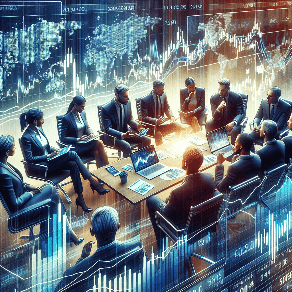 Traders engaging in a Forex signal group on Telegram, discussing live trading insights with digital financial charts.