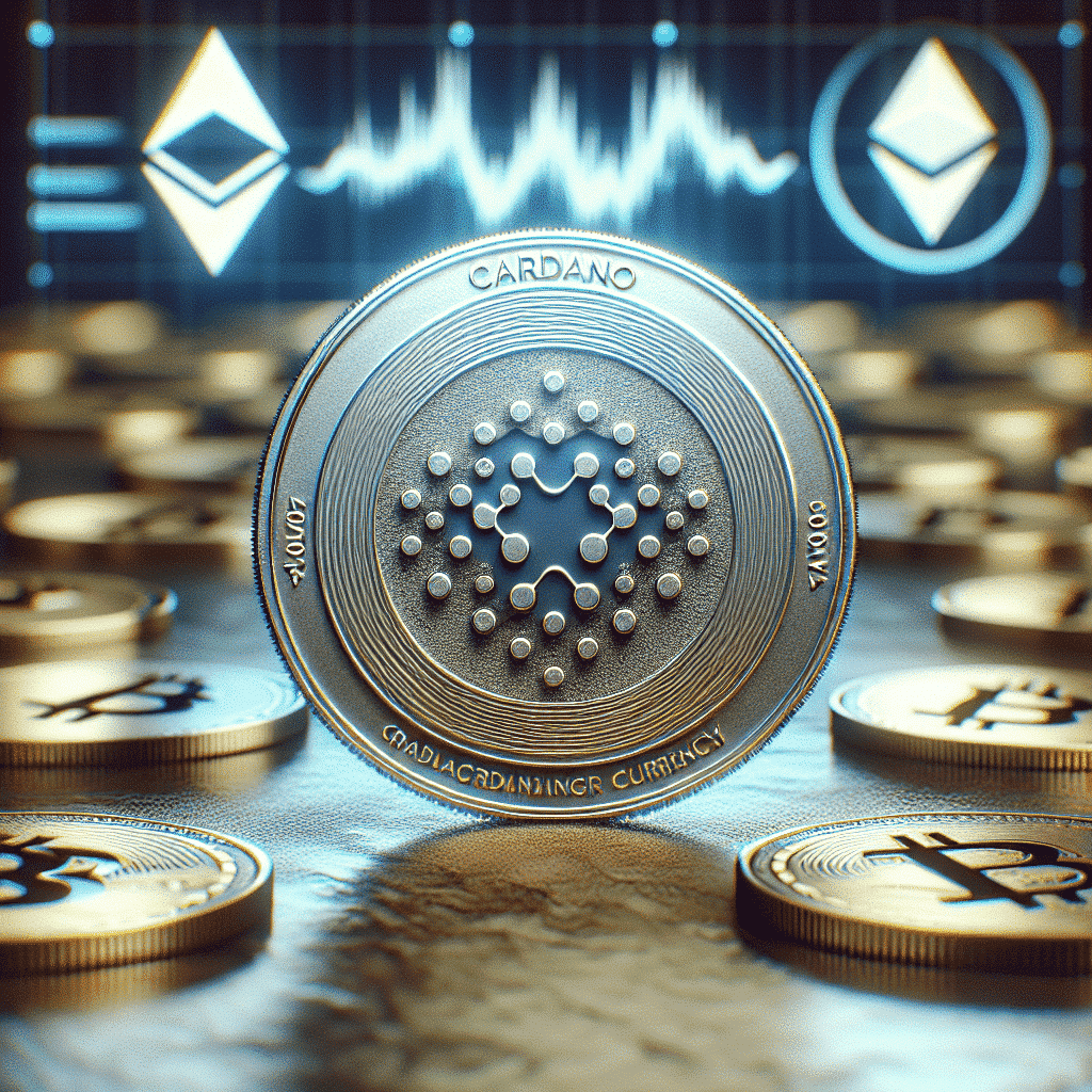 "Sharp, photorealistic image of a metallic Cardano (ADA) token prominently displayed on a well-lit surface, with faded Bitcoin and Ethereum icons in the background, all under a subtle overlay of an Elliot wave pattern, symbolizing market trends, perfect for a thorough cryptocurrency discussion."