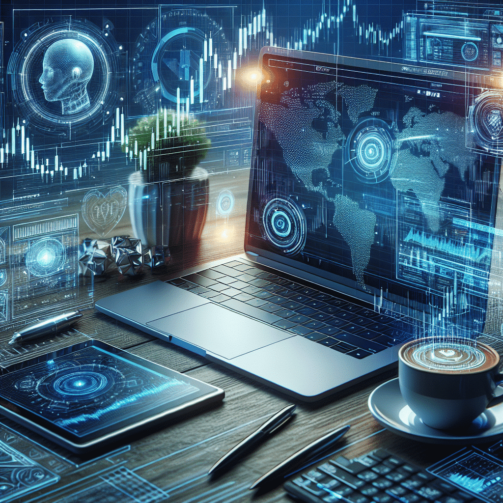 Forex trading setup with AI-driven analytics and digital currency charts.