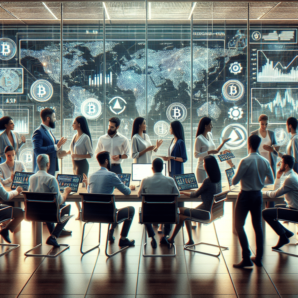 Crypto traders discussing strategies in a digital group, showcasing market signals and digital financial charts.