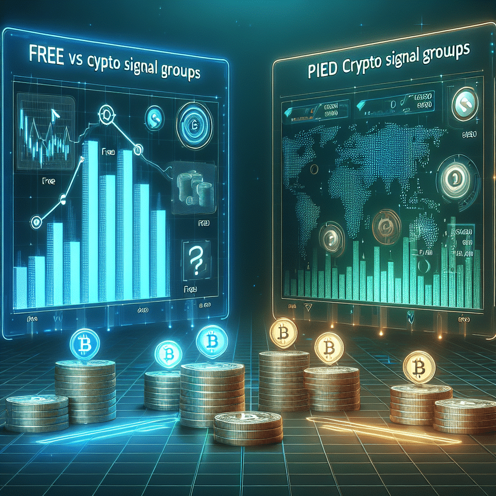 Comparison of free and paid crypto signal groups with financial charts and digital market screens.