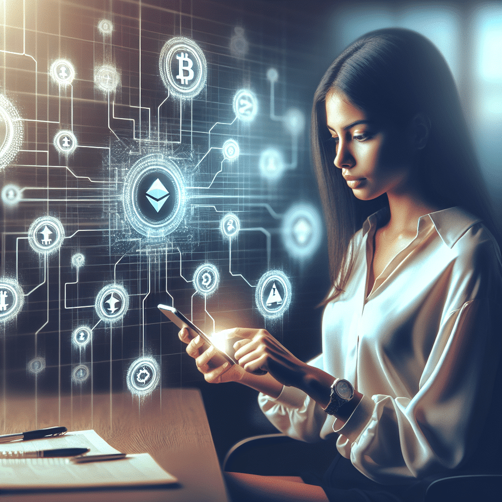 Cryptocurrency trader using Telegram with digital signal icons and market trend charts.
