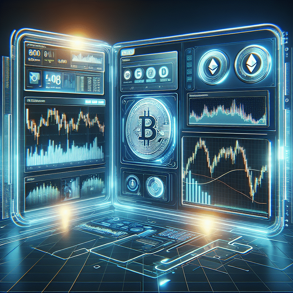 Futuristic interface displaying cutting-edge cryptocurrency trading signals with digital coins and financial charts.
