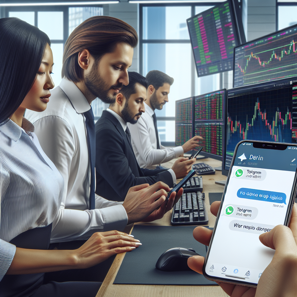 Traders receiving Deriv signals on Telegram with financial charts in the background, depicting real-time market updates.