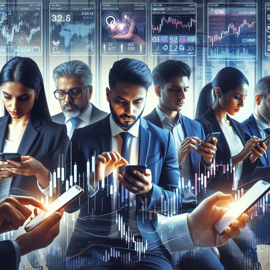 Traders utilizing mobile apps for forex and crypto signals, illustrated with financial charts and smartphones.