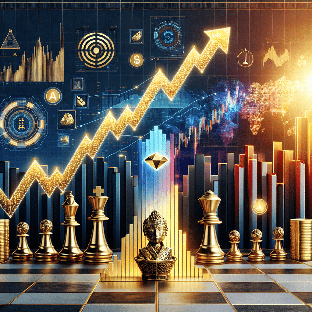 AI-generated trading signals guiding gold and commodity investments, with charts illustrating market trends and opportunities.