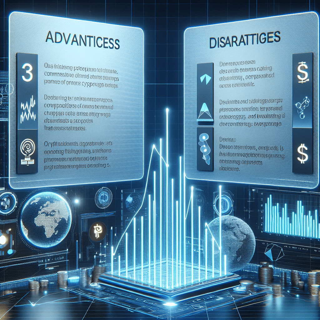 Illustration of pros and cons lists with digital charts and cryptocurrency signals, signifying balanced trading strategies.