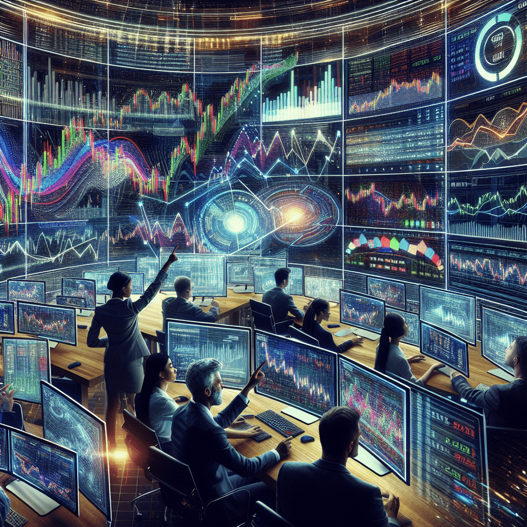 Traders interacting with digital platforms receiving daily forex signals for strategic decisions, depicted alongside modern financial charts.