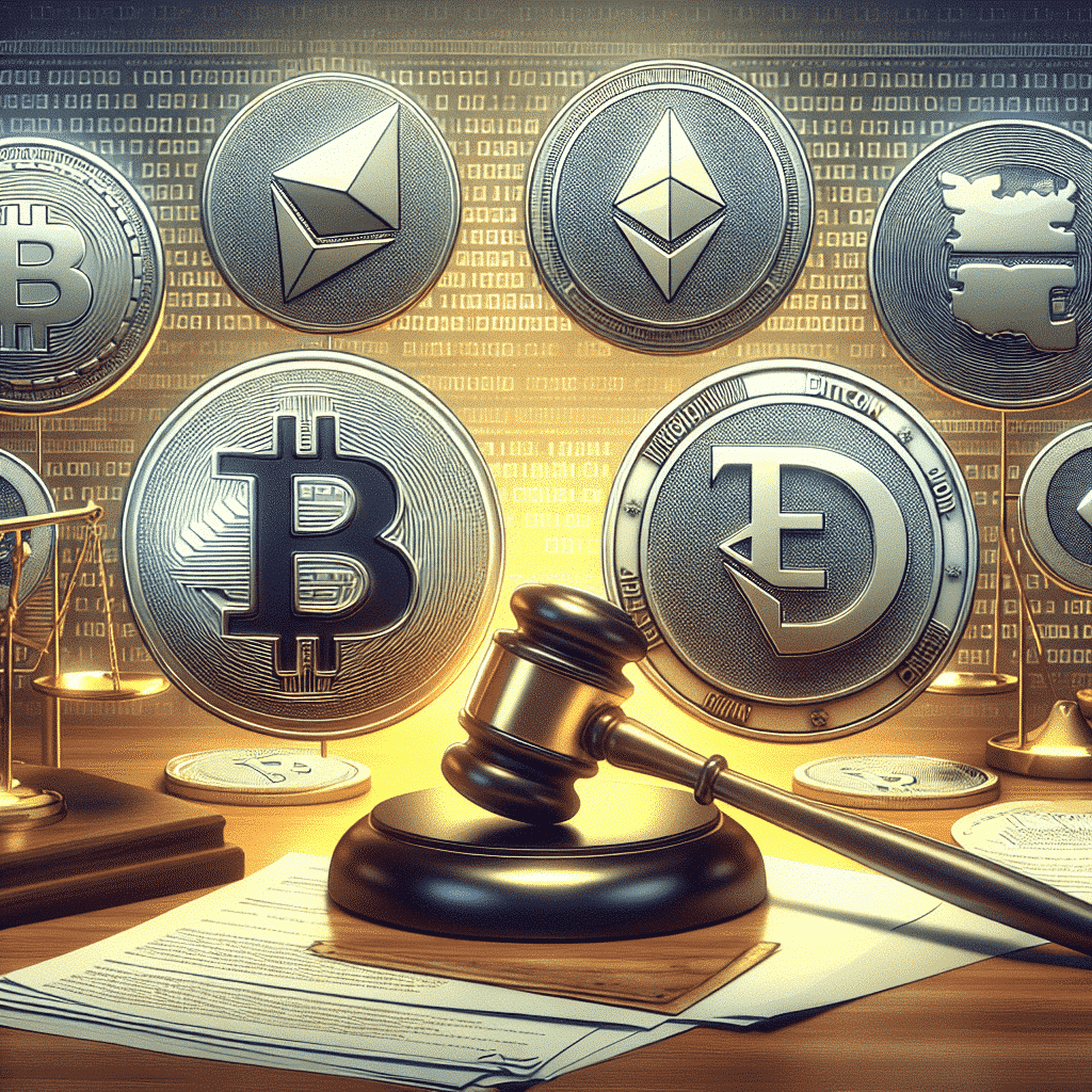 "Logos of Uniswap Labs, SEC, Coinbase, and Robinhood on a background featuring Bitcoin and Ethereum symbols, gavel and legal documents indicating potential legal action in the cryptocurrency realm, presented in a landscape orientation with a photorealistic style."