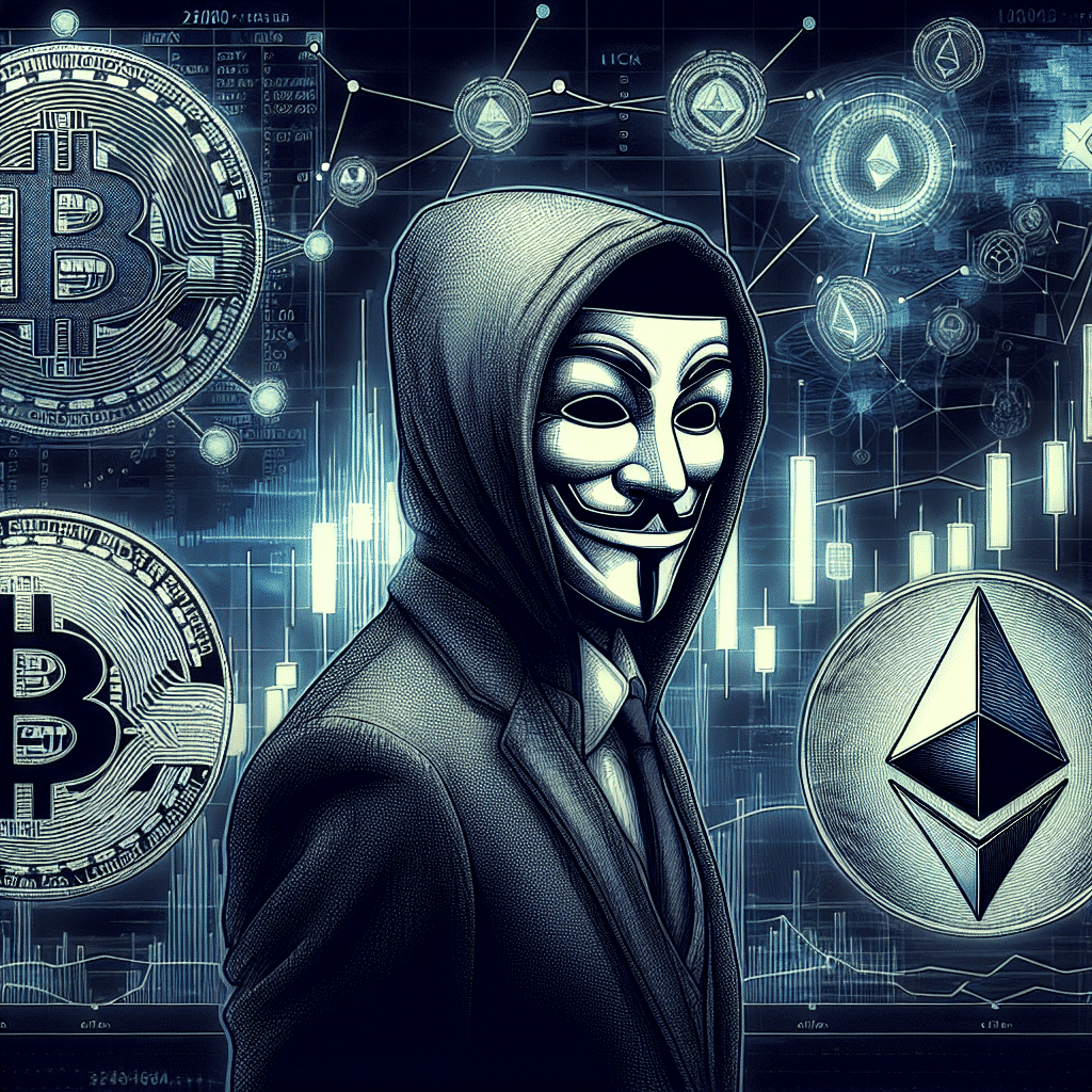 "Agente encubierto simbolizando el meme coin Agente A.I, destacando características de la industria cripto como la red blockchain y la tecnología de inteligencia artificial, con los logotipos de Solana y Ethereum en una imagen fotorrealista. Al fondo, gráficos de bolsa mostrando una tendencia alcista en el mercado."