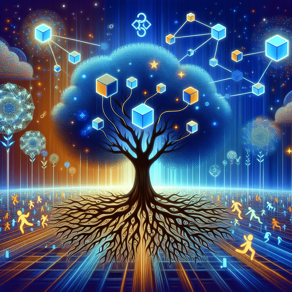 "Infographic illustration of a virtual tree with blockchain-shaped roots representing Apertum Blockchain's scalability, adorned with subtle elements of the MEXC Exchange logo in brand orange color, set against a global expansion-inspired blue background, featuring a binary stream for smart contracts and a crowd of abstract diverse figures for user adoption and community engagement - an apt representation of Apertum's listing on MEXC Exchange for a WordPress blog post."