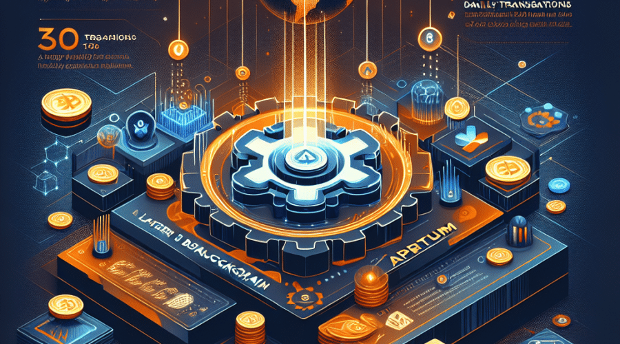 "Logo de Apertum en blockchain de layer 1 con soporte EVM, simbolizando su rápido crecimiento y expansión global, representado junto al logo de MEXC Exchange. Elementos que reflejan 30000 direcciones únicas de carteras, casi 300 contratos inteligentes, 12000 transacciones diarias y un productivo evento de airdrop. Fondo en nuestros colores de marca, Naranja y Azul Oscuro, con elementos en Azul Medianoche para dar énfasis. Punto focal en el logo de Apertum y MEXC Exchange en alianza."