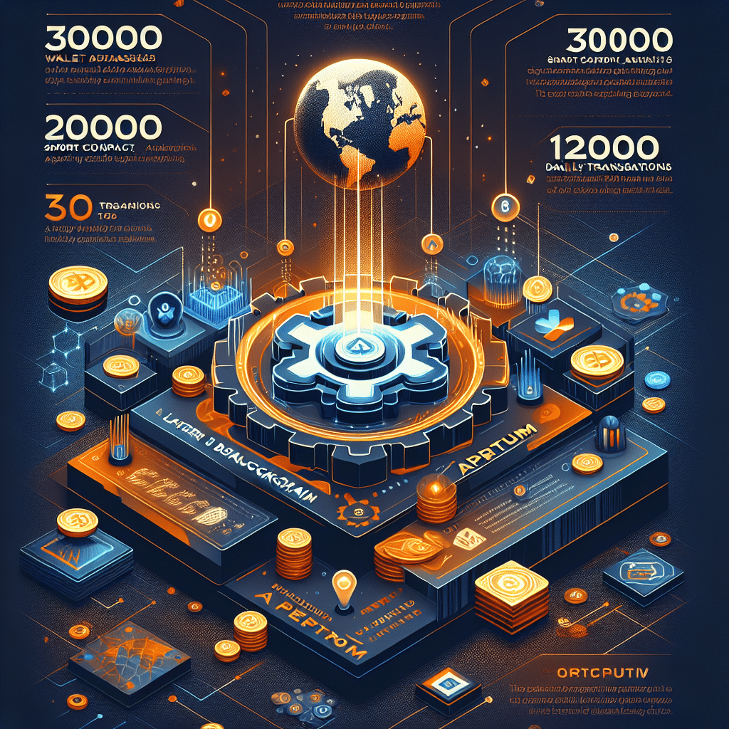 "Logo de Apertum en blockchain de layer 1 con soporte EVM, simbolizando su rápido crecimiento y expansión global, representado junto al logo de MEXC Exchange. Elementos que reflejan 30000 direcciones únicas de carteras, casi 300 contratos inteligentes, 12000 transacciones diarias y un productivo evento de airdrop. Fondo en nuestros colores de marca, Naranja y Azul Oscuro, con elementos en Azul Medianoche para dar énfasis. Punto focal en el logo de Apertum y MEXC Exchange en alianza."