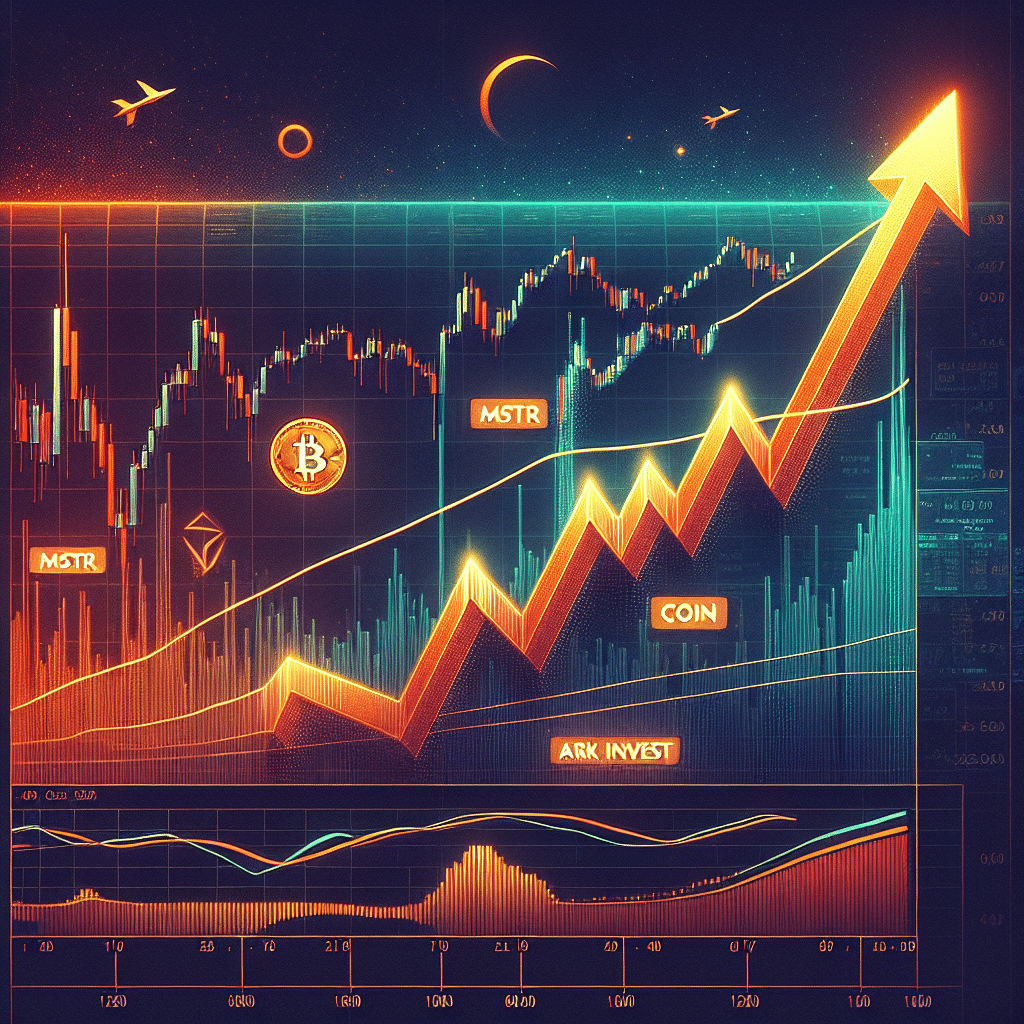 "Orange graphical representation of bullish trajectory in Bitcoin and associated stocks such as MSTR, COIN, MARA, CEP with muted midnight blue overlay of U.S. stock exchange. Iconic Bitcoin symbol indicates ARK Invest's future targets. Image is brand color-consistent and optimized for 1200x628 pixels landscape view."