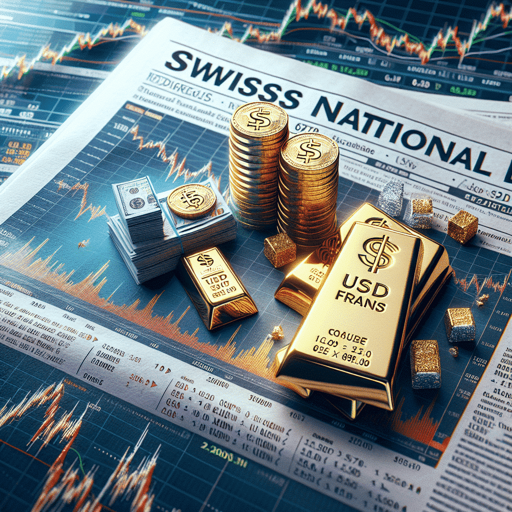 "Imagen fotorealista de una pila de francos suizos y lingotes de oro sobre un periódico financiero que informa sobre la caída del valor del USD/CHF y Bitcoin, con gráficos del Mercado de Valores en el fondo. El Banco Nacional Suizo se destaca en el fondo. Todos los elementos se armonizan para ilustrar la seguridad del franco suizo y el oro en un mercado volátil. Tamaño de imagen: 1200 x 628 píxeles."