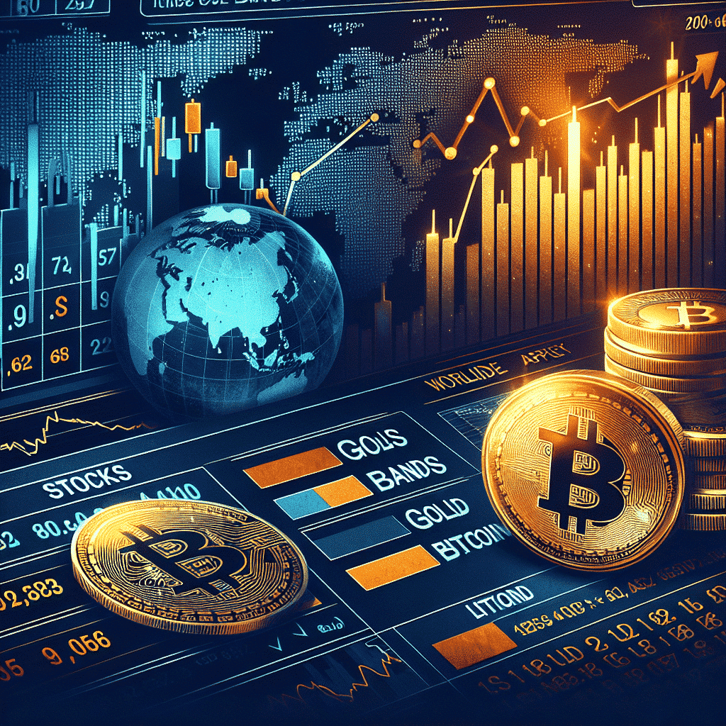 "Global investment shift from dark-shaded traditional US stocks and bonds to shining assets of gold and Bitcoin, depicted in vibrant colors of orange and midnight blue to represent their surge. The image subtly shows the end of April volatility in market trends within a global context, optimized for web at 1200 x 628 pixels."