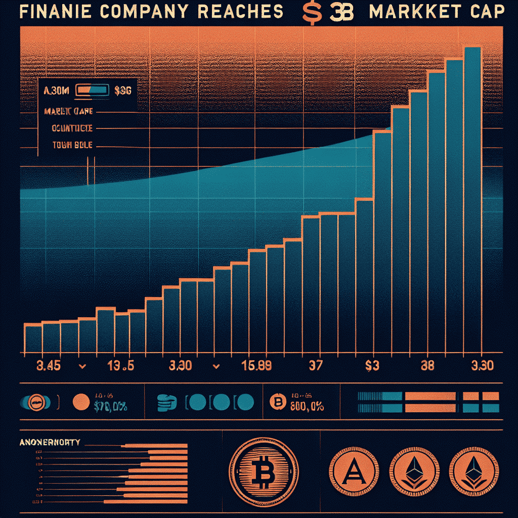 "Gráfico ascendente que muestra el valor de mercado de Ondo Finance alcanzando los 3 mil millones de dólares, con un fondo degradado de naranja a azul medianoche. Texto audaz en la parte superior que dice 'Ondo Finance Recupera Capital de Mercado de $3B', y en la parte inferior del gráfico, se representan simbólicamente la Comisión de Bolsa y Valores de EE. UU (SEC) y los tokens, ambos armonizando con el esquema de color. El énfasis principal es el crecimiento representado en el gráfico de tendencias."