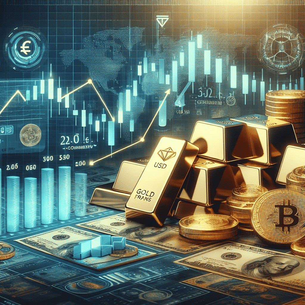 "SEO alt-text: Financial turmoil photo showcasing a decrease in US dollar value graph contrasted with Swiss francs and gold bars increase, surrounded by fading logos of top US tech companies - Apple, Microsoft, Amazon, Alphabet. A recession forecast chart, gold value surge graph emphasizing the role of safe-haven assets, and devaluating Bitcoin symbol, all in a professional, realistic visual representation."