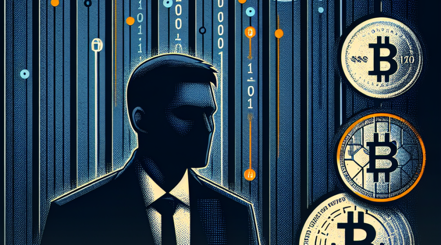 "Dark blue background with prison bars graphic and silhouette man representing Alex Mashinsky; overlaid faded currency symbols and binary codes illustrating crypto assets; key elements highlighted in Orange and Midnight blue; bold orange text 'Alex Mashinsky Sentenced: The Downfall of Celsius Network'."