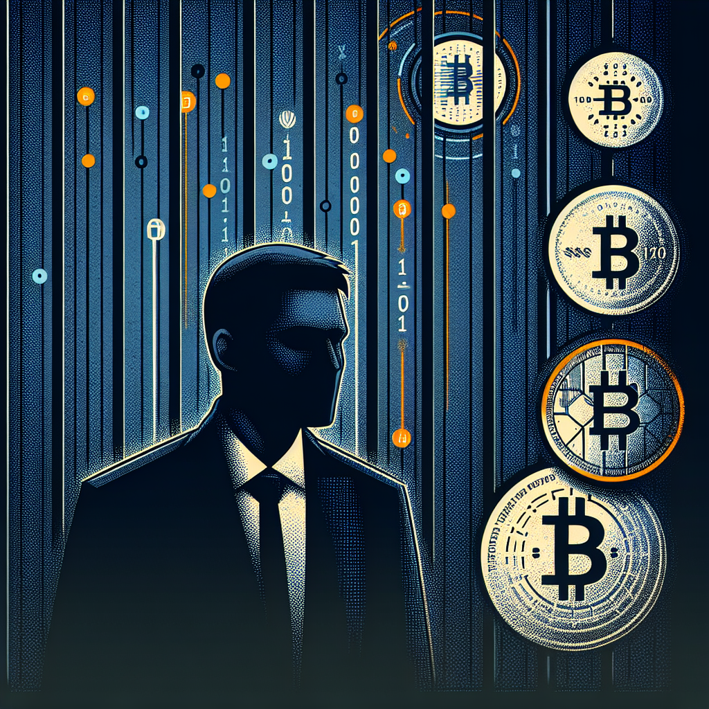 "Dark blue background with prison bars graphic and silhouette man representing Alex Mashinsky; overlaid faded currency symbols and binary codes illustrating crypto assets; key elements highlighted in Orange and Midnight blue; bold orange text 'Alex Mashinsky Sentenced: The Downfall of Celsius Network'."
