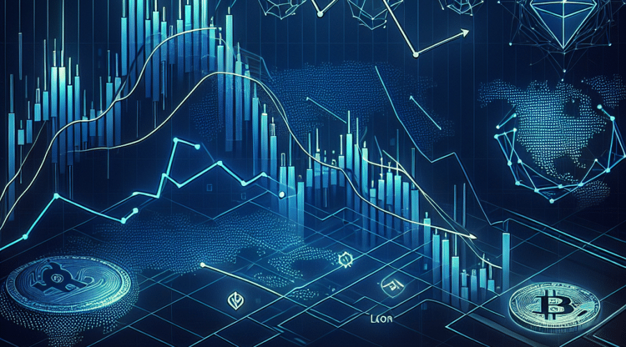 "Imagen de un diagrama dinámico en azul oscuro mostrando una tendencia financiera bajista, con símbolos de blockchain reconocibles y un diagrama más pequeño que denota el crecimiento de stablecoin en la Red Polygon en color naranja. Traces sutiles del logo de Polygon en azul medianoche en el fondo. Bajo el título 'Análisis de precio de Polygon' en un elegante banner azul oscuro en la parte superior, presentamos la frase 'Riesgo de caída significativa a pesar del crecimiento de DeFi' en texto naranja más pequeño. Tamaño de 1200 x 628 pixeles."