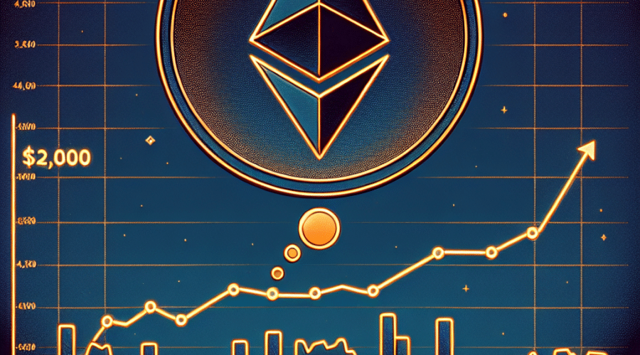 "Moneda Ethereum ascendente en primer plano con el número ,000 imaginándose en una burbuja de pensamiento, línea gráfica simbolizando la historia de precios de Ethereum y su potencial crecimiento futuro en segundo plano. Resaltados puntos de ,736 y ,052 como picos en el camino a ,000, con la imagen presentando un estilo minimalista y limpio en nuestros colores de marca, naranja y azul oscuro, y tamaño 1200 x 628 píxeles."
