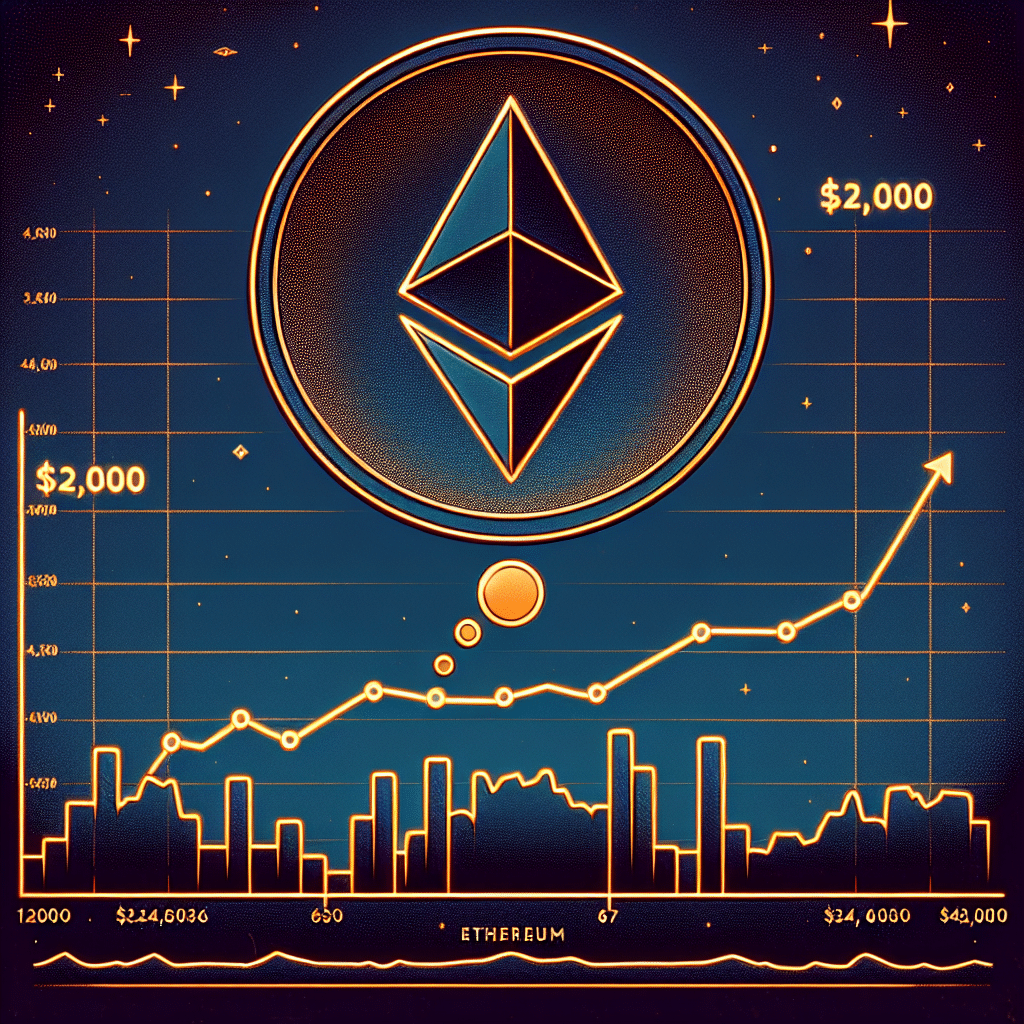 "Moneda Ethereum ascendente en primer plano con el número ,000 imaginándose en una burbuja de pensamiento, línea gráfica simbolizando la historia de precios de Ethereum y su potencial crecimiento futuro en segundo plano. Resaltados puntos de ,736 y ,052 como picos en el camino a ,000, con la imagen presentando un estilo minimalista y limpio en nuestros colores de marca, naranja y azul oscuro, y tamaño 1200 x 628 píxeles."