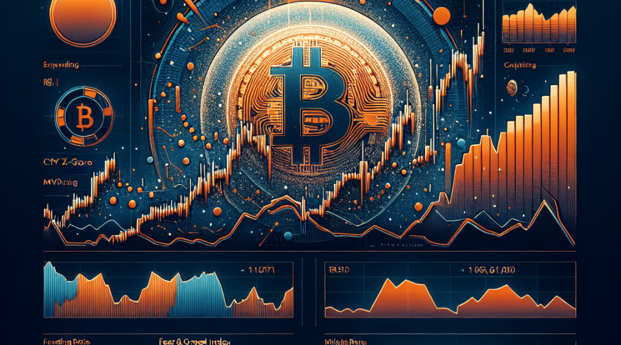 "SEO alt-text: Exploratory data visualization showcasing Bitcoin hitting an all-time high value of $111,970 then reducing to $110,700, complemented by key cryptocurrency metrics such as RSI, MVRV Z-Score, funding rates, and the Crypto Fear & Greed Index, all presented in interactive brand colours of orange, dark and midnight blue. Image is hinting at a potential continuation of the increasing trend, encapsulating the optimistic sentiment shared in the accompanying article."