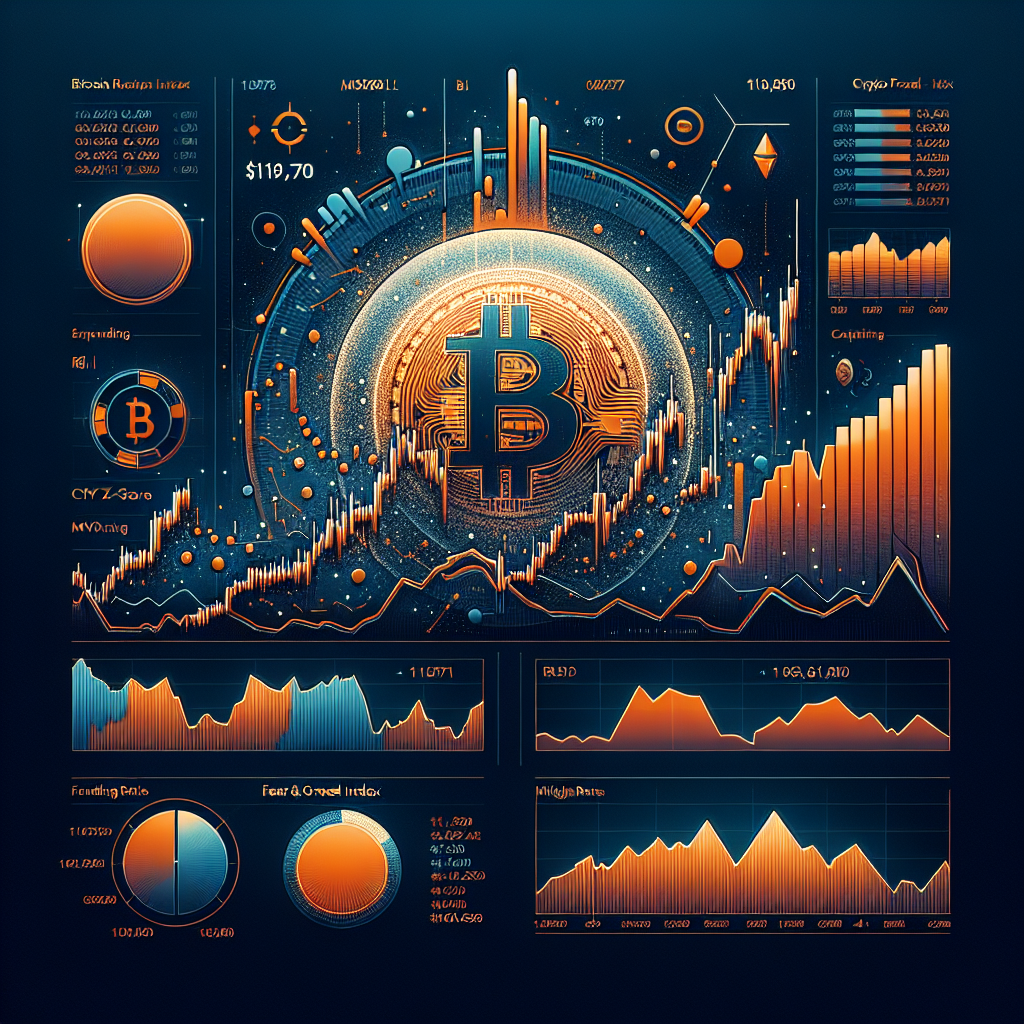 "SEO alt-text: Exploratory data visualization showcasing Bitcoin hitting an all-time high value of $111,970 then reducing to $110,700, complemented by key cryptocurrency metrics such as RSI, MVRV Z-Score, funding rates, and the Crypto Fear & Greed Index, all presented in interactive brand colours of orange, dark and midnight blue. Image is hinting at a potential continuation of the increasing trend, encapsulating the optimistic sentiment shared in the accompanying article."