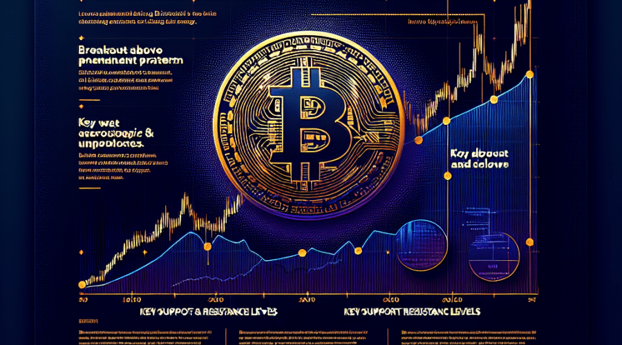 SEO Alt-Text: "Bitcoin coin rising against a line graph backdrop, indicating its price surge towards the $100,000 mark. The headline 'Bitcoin Nears $100,000' is in our brand colour Midnight blue, and the subheadings 'Breakout above pennant pattern' and 'Key support and resistance levels' in Dark blue delineate Bitcoin's recent price movements. The highest point on the graph is highlighted in vibrant brand color Orange to symbolize Bitcoin's recent peak value."