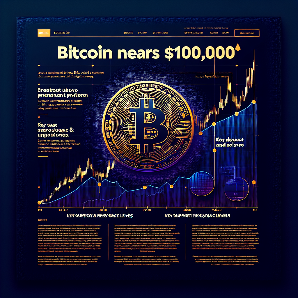 SEO Alt-Text: "Bitcoin coin rising against a line graph backdrop, indicating its price surge towards the $100,000 mark. The headline 'Bitcoin Nears $100,000' is in our brand colour Midnight blue, and the subheadings 'Breakout above pennant pattern' and 'Key support and resistance levels' in Dark blue delineate Bitcoin's recent price movements. The highest point on the graph is highlighted in vibrant brand color Orange to symbolize Bitcoin's recent peak value."