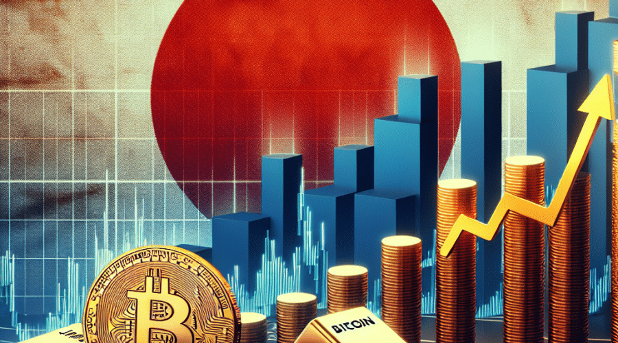 "Bitcoin symbol and gold bars soaring on an upward trend chart against a backdrop of Japan's iconic landmarks, acknowledging the former's potential $108,000 goal and the country's mounting debt problem. Design uses a mixture of brand colours - Orange (#FF9811), Dark Blue (#000D43), Midnight Blue (#021B88) - for added depth, with hints of Japan's flag peeking through. The 1200x628 pixel image encapsulates the looming possibilities of an abrupt end to the BTC market trend."